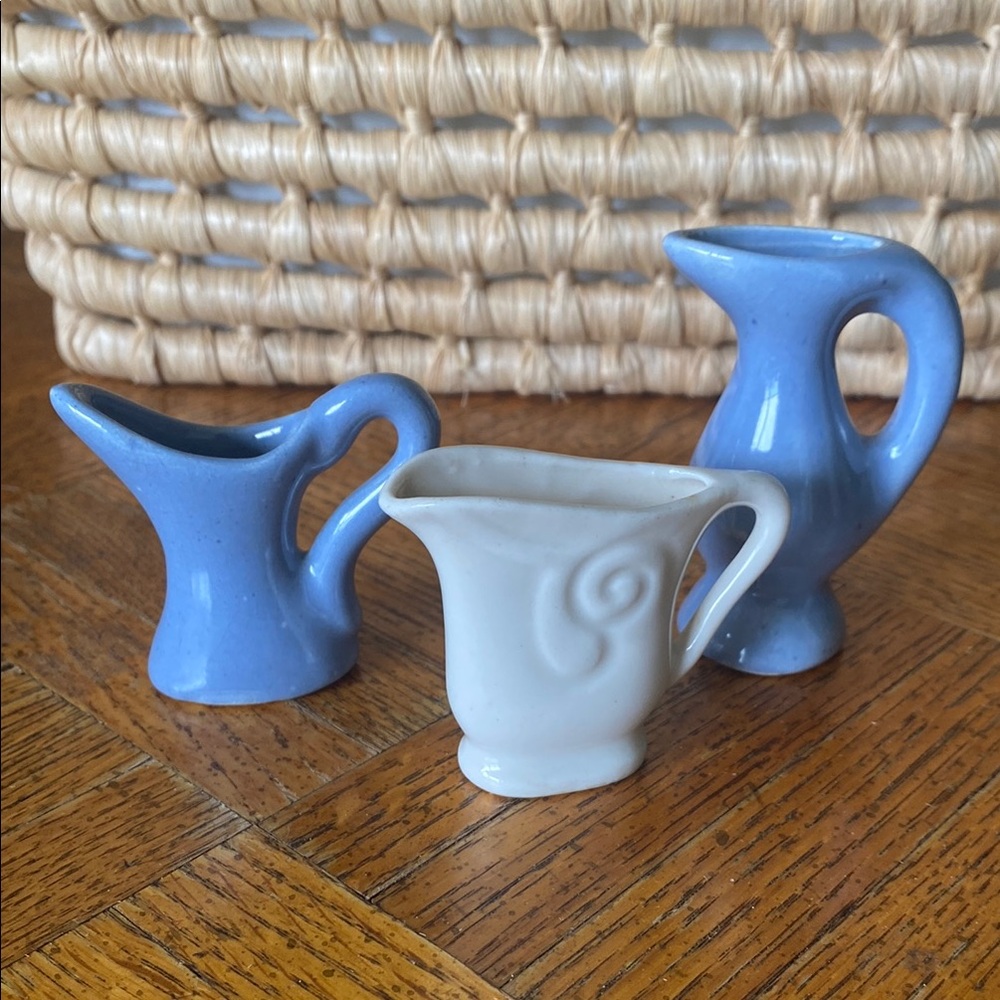 Vintage 1946 Miniature Blue and Cream Miniature Pitcher Set